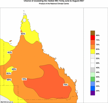 probability of exceeding median minimum temperature - click on the image for a larger version of the map
