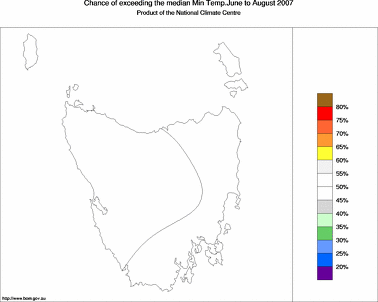 probability of exceeding median minimum temperature - click on the image for a larger version of the map
