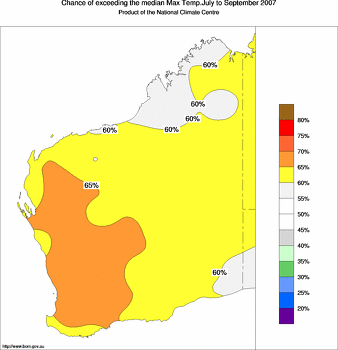 probability of exceeding median maximum temperature - click on the image for a larger version of the map