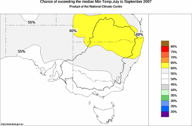 probability of exceeding median minimum temperature - click on the image for a larger version of the map