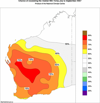 probability of exceeding median minimum temperature - click on the image for a larger version of the map