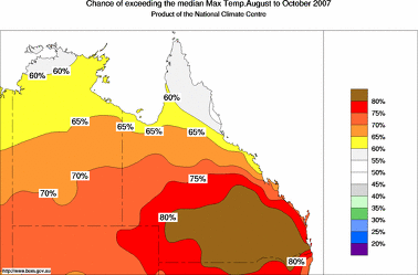 probability of exceeding median maximum temperature - click on the image for a larger version of the map