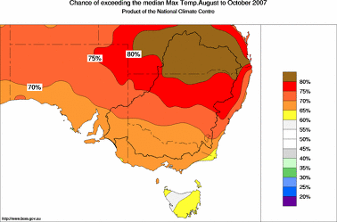 probability of exceeding median maximum temperature - click on the image for a larger version of the map