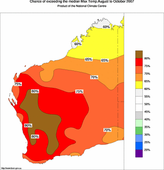 probability of exceeding median maximum temperature - click on the image for a larger version of the map