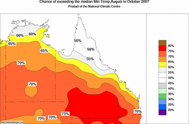 probability of exceeding median minimum temperature - click on the image for a larger version of the map