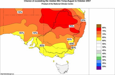 probability of exceeding median minimum temperature - click on the image for a larger version of the map