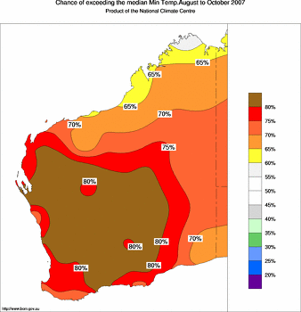 probability of exceeding median minimum temperature - click on the image for a larger version of the map