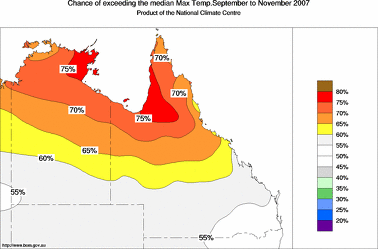 probability of exceeding median maximum temperature - click on the image for a larger version of the map