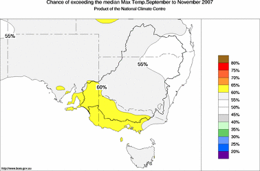 probability of exceeding median maximum temperature - click on the image for a larger version of the map