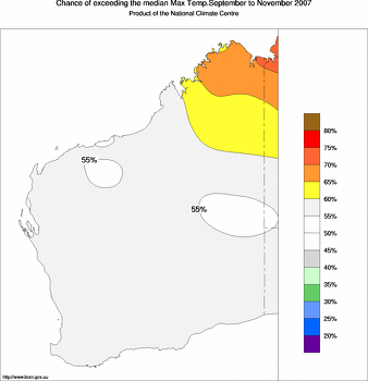 probability of exceeding median maximum temperature - click on the image for a larger version of the map