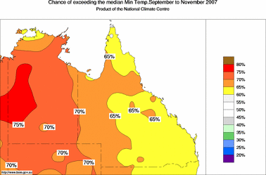 probability of exceeding median minimum temperature - click on the image for a larger version of the map