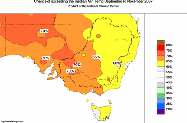 probability of exceeding median minimum temperature - click on the image for a larger version of the map