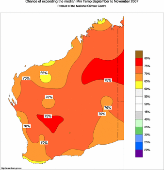 probability of exceeding median minimum temperature - click on the image for a larger version of the map