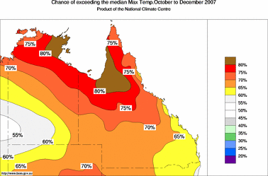 probability of exceeding median maximum temperature - click on the image for a larger version of the map