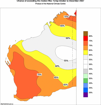 probability of exceeding median maximum temperature - click on the image for a larger version of the map