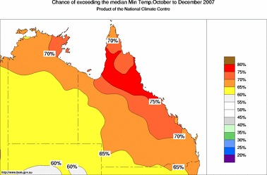 probability of exceeding median minimum temperature - click on the image for a larger version of the map