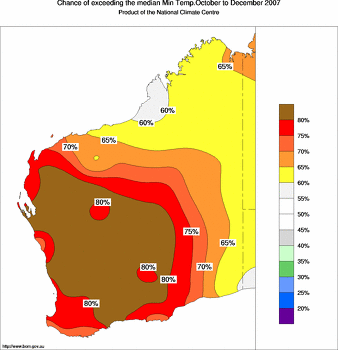 probability of exceeding median minimum temperature - click on the image for a larger version of the map