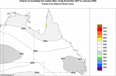 probability of exceeding median maximum temperature - click on the image for a larger version of the map