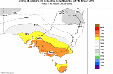 probability of exceeding median maximum temperature - click on the image for a larger version of the map