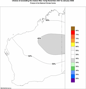 probability of exceeding median maximum temperature - click on the image for a larger version of the map