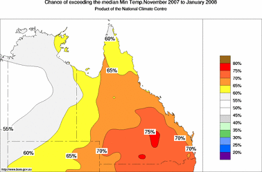 probability of exceeding median minimum temperature - click on the image for a larger version of the map