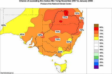 probability of exceeding median minimum temperature - click on the image for a larger version of the map