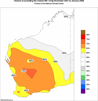 probability of exceeding median minimum temperature - click on the image for a larger version of the map
