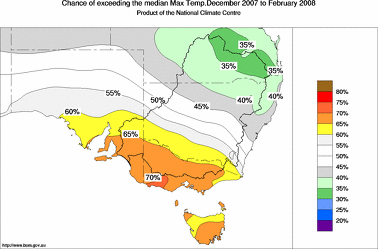 probability of exceeding median maximum temperature - click on the image for a larger version of the map