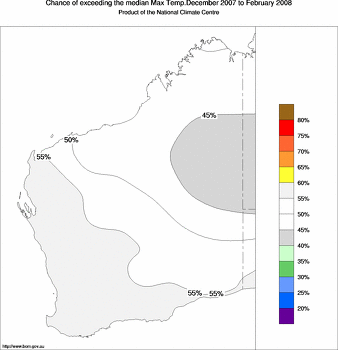 probability of exceeding median maximum temperature - click on the image for a larger version of the map