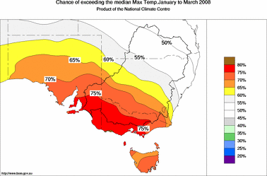 probability of exceeding median maximum temperature - click on the image for a larger version of the map