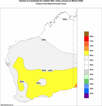 probability of exceeding median maximum temperature - click on the image for a larger version of the map