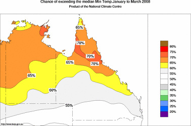 probability of exceeding median minimum temperature - click on the image for a larger version of the map