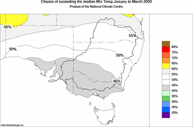 probability of exceeding median minimum temperature - click on the image for a larger version of the map