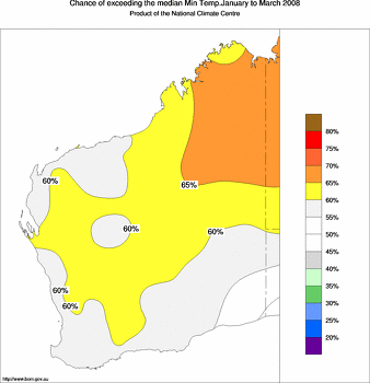 probability of exceeding median minimum temperature - click on the image for a larger version of the map