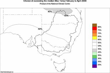probability of exceeding median maximum temperature - click on the image for a larger version of the map