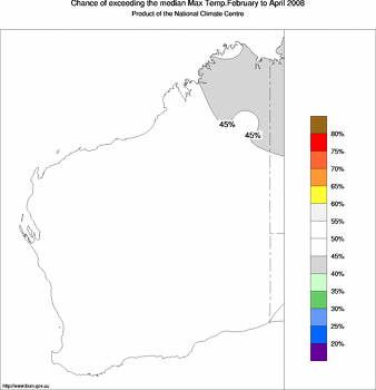 probability of exceeding median maximum temperature - click on the image for a larger version of the map