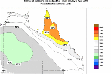 probability of exceeding median minimum temperature - click on the image for a larger version of the map