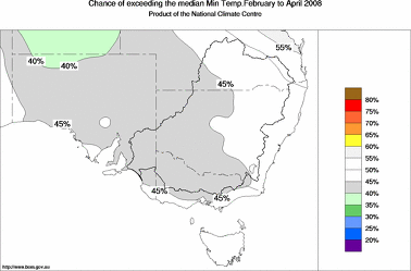 probability of exceeding median minimum temperature - click on the image for a larger version of the map