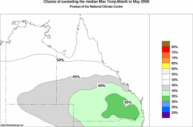 probability of exceeding median maximum temperature - click on the image for a larger version of the map
