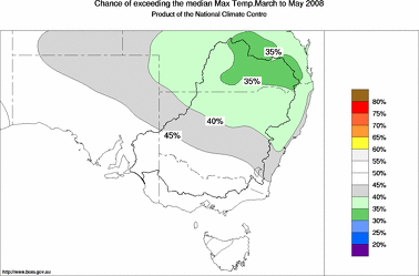 probability of exceeding median maximum temperature - click on the image for a larger version of the map