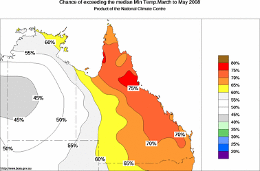 probability of exceeding median minimum temperature - click on the image for a larger version of the map