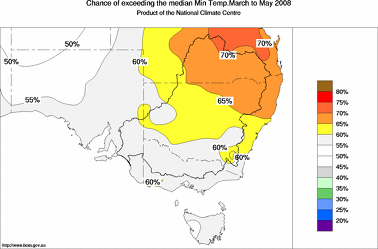 probability of exceeding median minimum temperature - click on the image for a larger version of the map