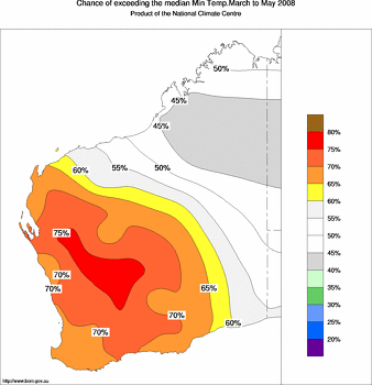 probability of exceeding median minimum temperature - click on the image for a larger version of the map