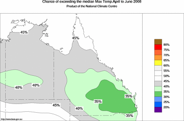 probability of exceeding median maximum temperature - click on the image for a larger version of the map