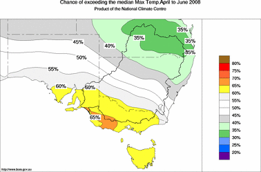 probability of exceeding median maximum temperature - click on the image for a larger version of the map
