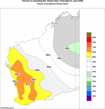 probability of exceeding median maximum temperature - click on the image for a larger version of the map