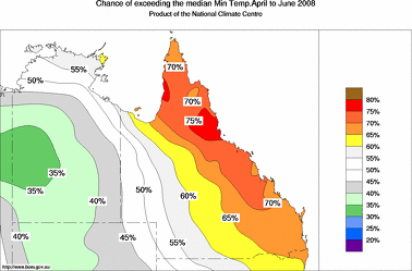 probability of exceeding median minimum temperature - click on the image for a larger version of the map