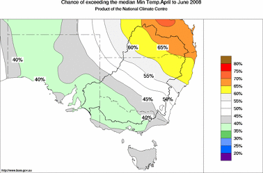 probability of exceeding median minimum temperature - click on the image for a larger version of the map