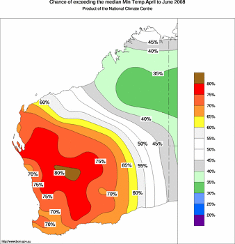 probability of exceeding median minimum temperature - click on the image for a larger version of the map