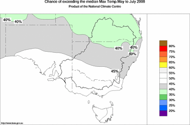 probability of exceeding median maximum temperature - click on the image for a larger version of the map